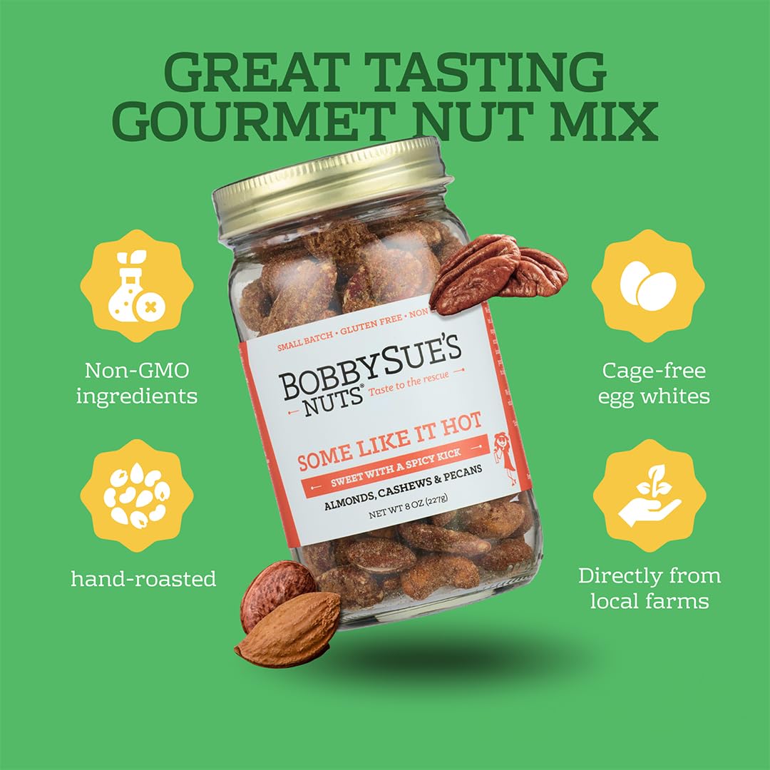 BobbySues Nuts Some Like It Hot Gourmet Nut Mix, Spicy Snacks, All Natural, Gluten Free, Low Sugar, and High Protein Nuts Mix o