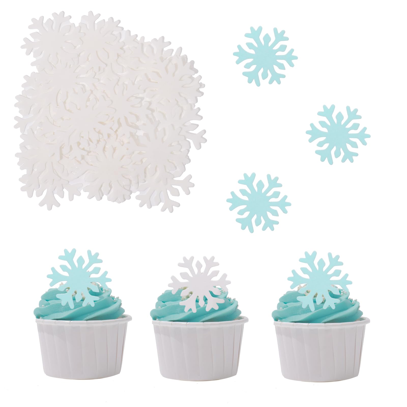 YOcity 50PCS Edible Snowflakes Cake Decorations, Wafer Paper, 1.9 inches, Blue+White Mix, Frozen Theme Party Supplies