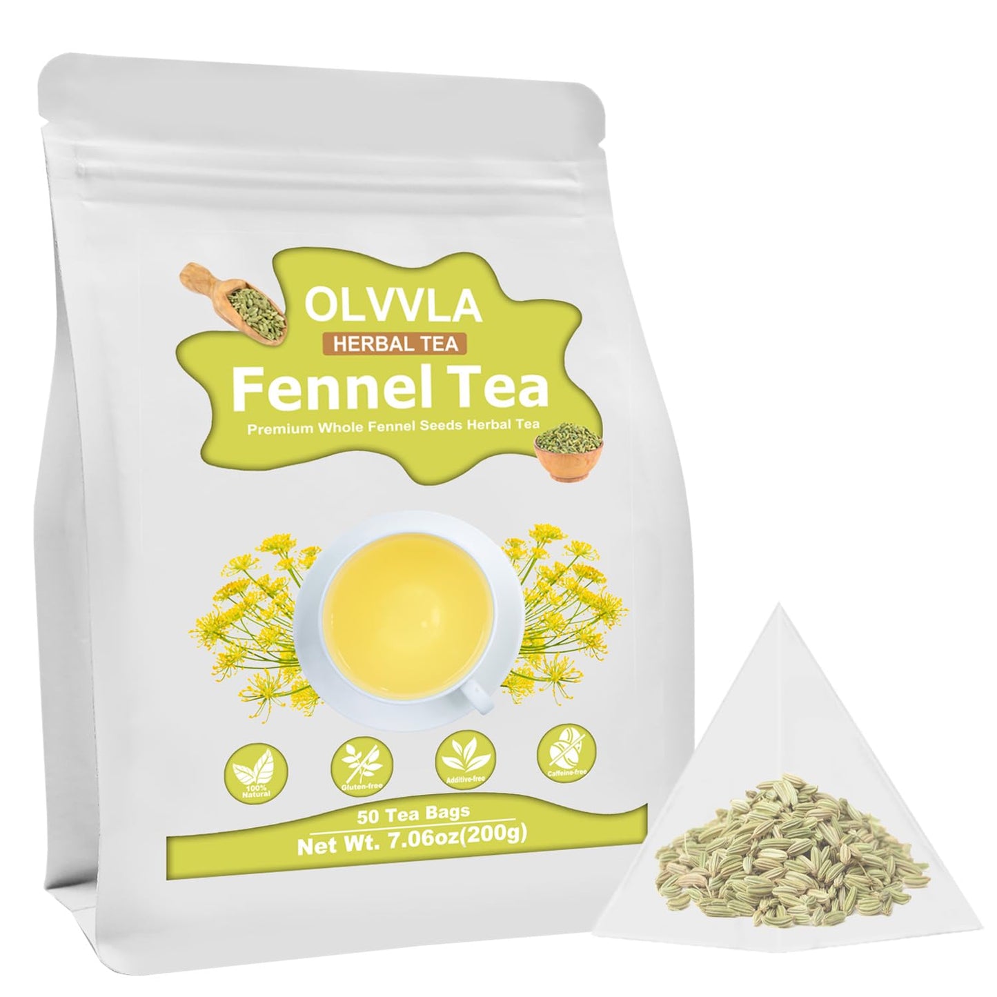 Olvvla Premium Fennel Tea Bags - 4g x 50 Count - 100% Pure Natural - Non-GMO - Caffeine-Free - Supports Digestion