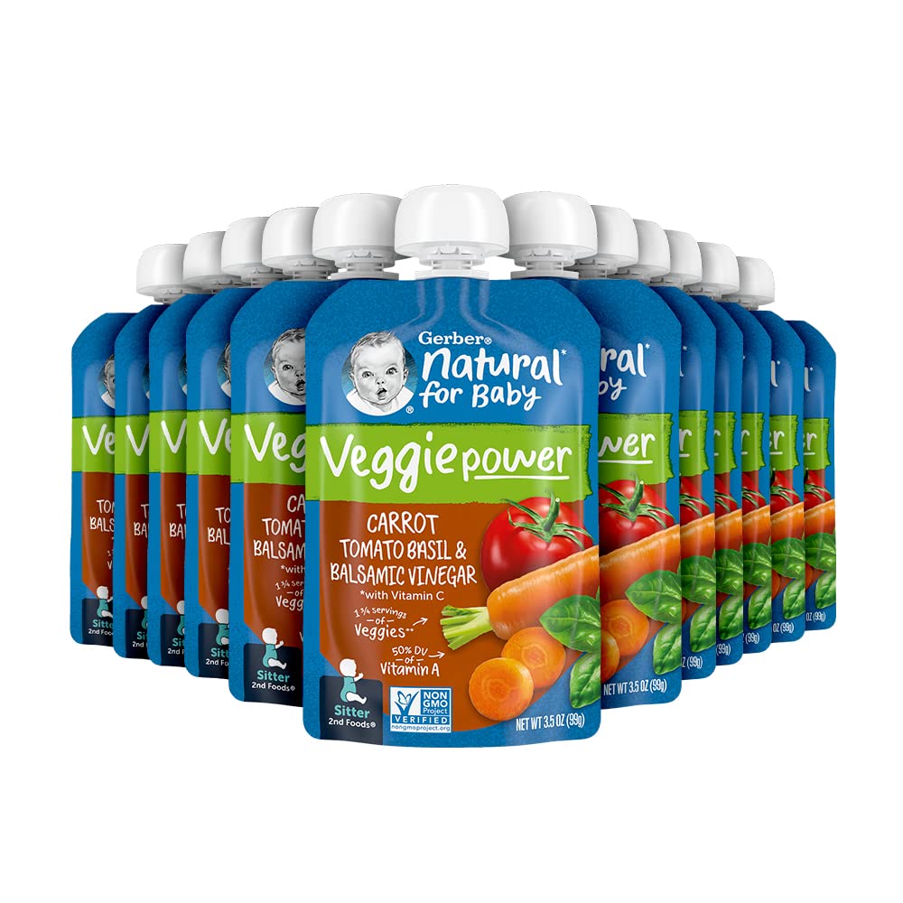 Gerber Baby Food Pouches, 2Nd Food For Sitter, Veggie Power, Carrot Tomato Basil With Balsamic Vinegar, 3.5 Ounce (Pack Of 12)