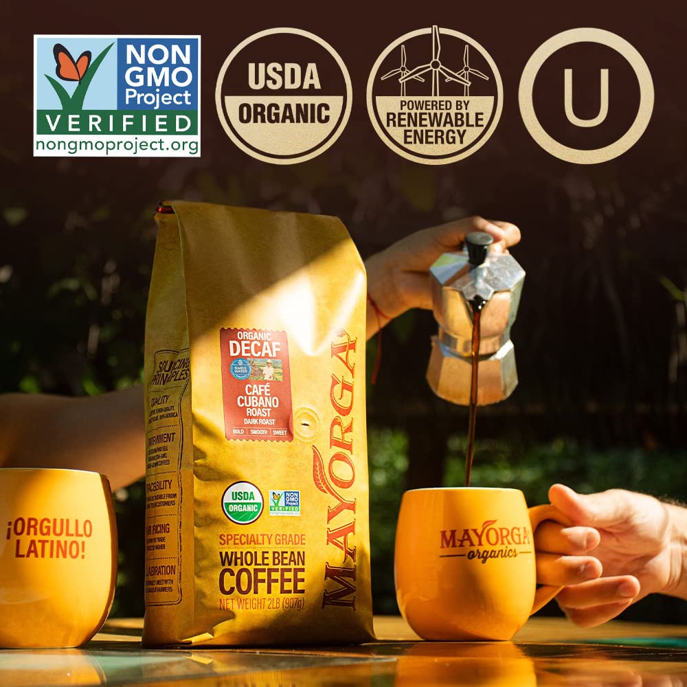 Mayorga Decaf Dark Roast Coffee 2Lb Bag Caf   Swiss Water Decaffeinated Cubano Roast Coffee - 100% Arabica Whole Coffee Beans -