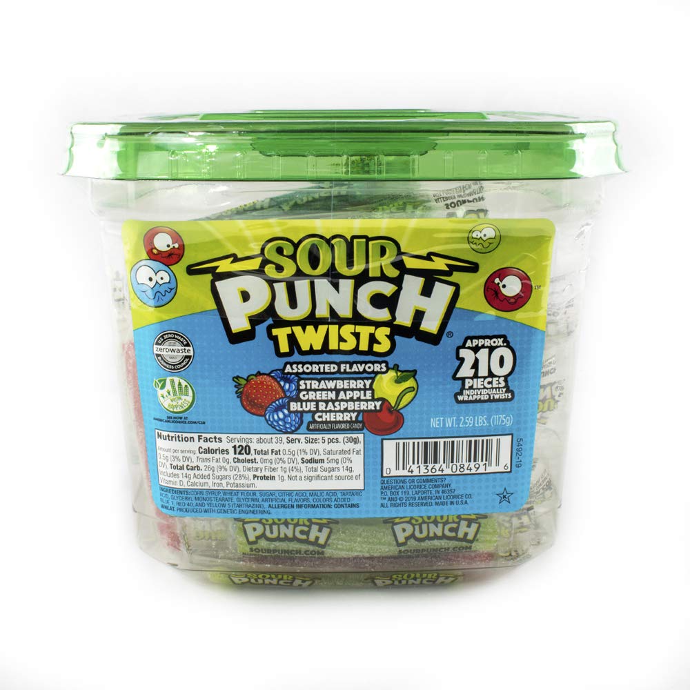 Sour Punch Twists, 3" Individually Wrapped Chewy Candy, 4 Fruity Flavors, 2.59 Lb Jar, 210 Count
