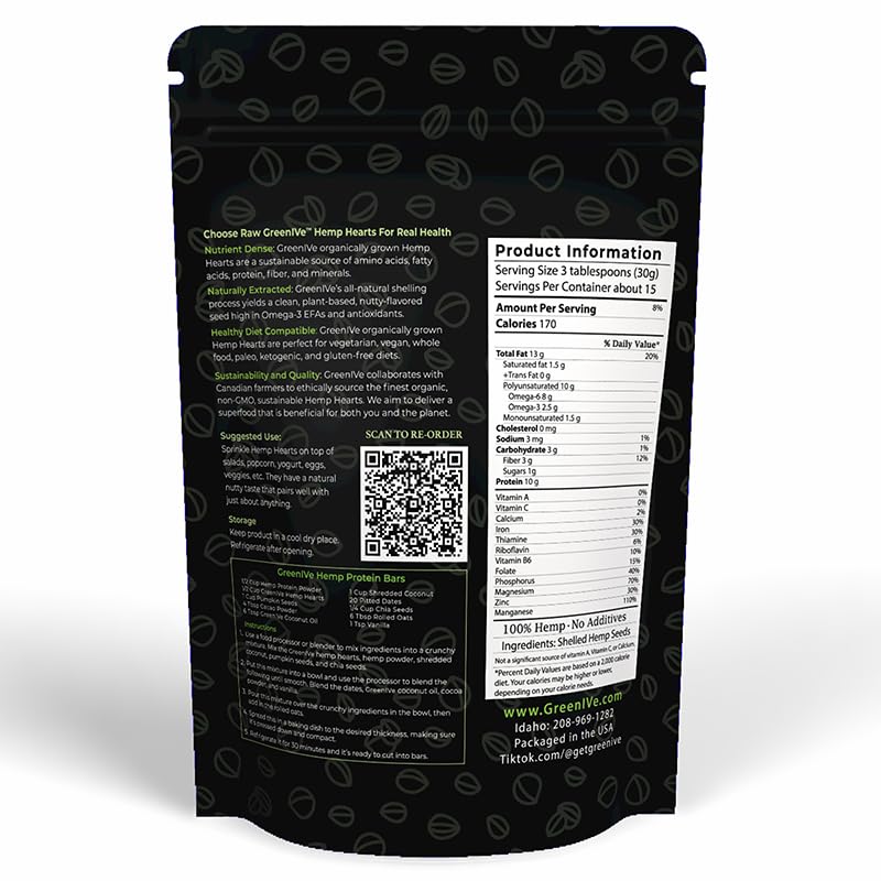 Greenive Organically Grown Hemp Hearts Hulled Hemp Plant Based Protein Packed Vegan Omegas (1 Pound)