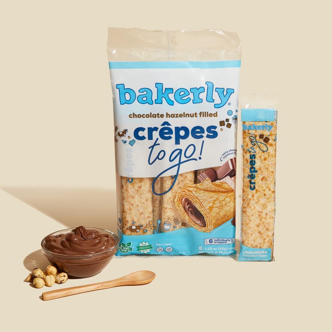 bakerly Chocolate Hazelnut Filled Crepes to go! Non GMO, Free from Artificial Flavors & Colors, Pack of 9, 6-Count (54 Total Cre