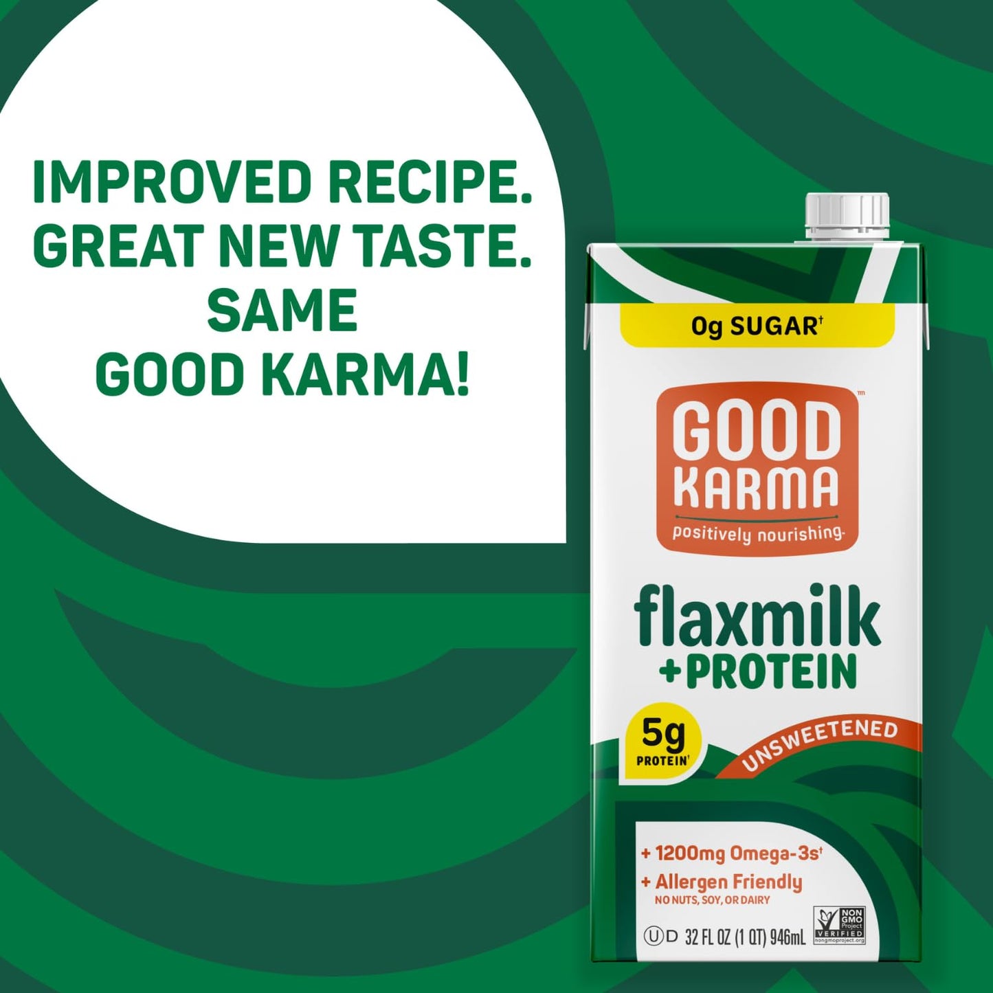 Good Karma Unsweetened Flaxmilk +Protein, 32 Ounce (Pack of 6), 5g Plant Protein + 1200mg Omega-3 Per Serving, Plant-Based Non-D