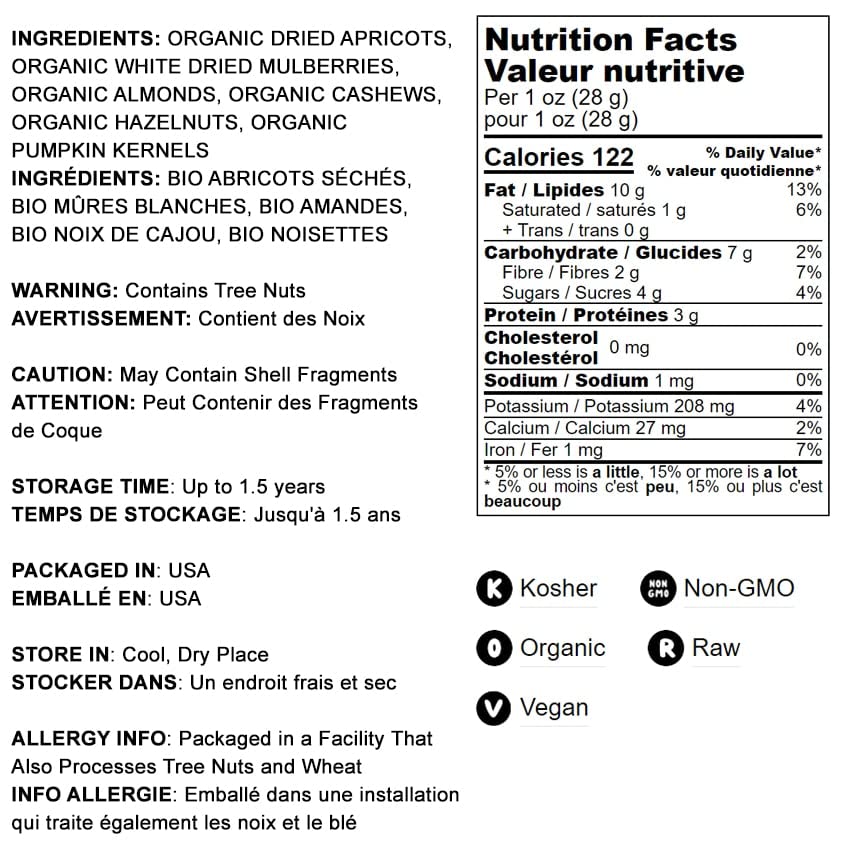 Food to Live Organic 6-Forces Trail Mix, 8 Ounces - Raw, Non-GMO, Mulberries, Cashews, Pumpkin Seeds, Apricots, Hazelnuts, Almon