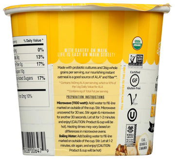 Bakery On Main Oatmeal Cups, Usda Organic, Gluten-Free, Vegan & Non Gmo, Probiotic - Walnut Banana, 1.9 Oz (Pack Of 12)
