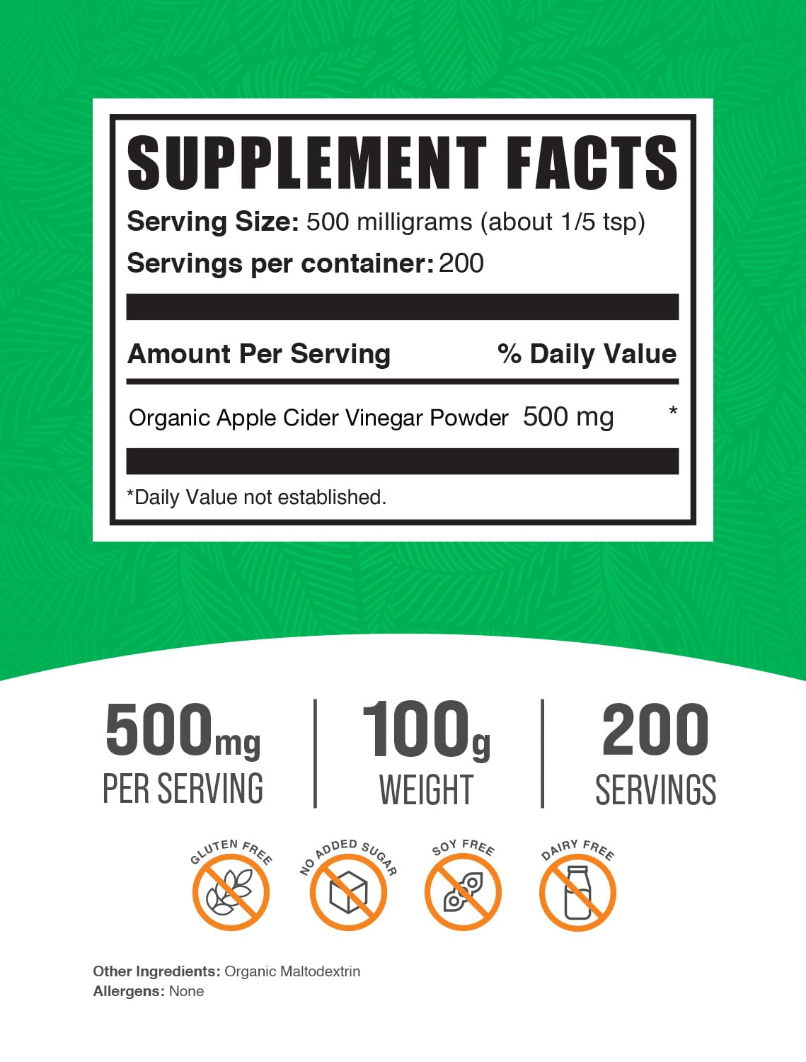 Bulkdietary products Organic Apple Cider Vinegar Powder - Vegan & Gluten Free, 500mg per Serving, 100g (3.5 oz)