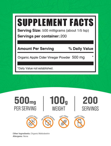 Bulkdietary products Organic Apple Cider Vinegar Powder - Vegan & Gluten Free, 500mg per Serving, 100g (3.5 oz)