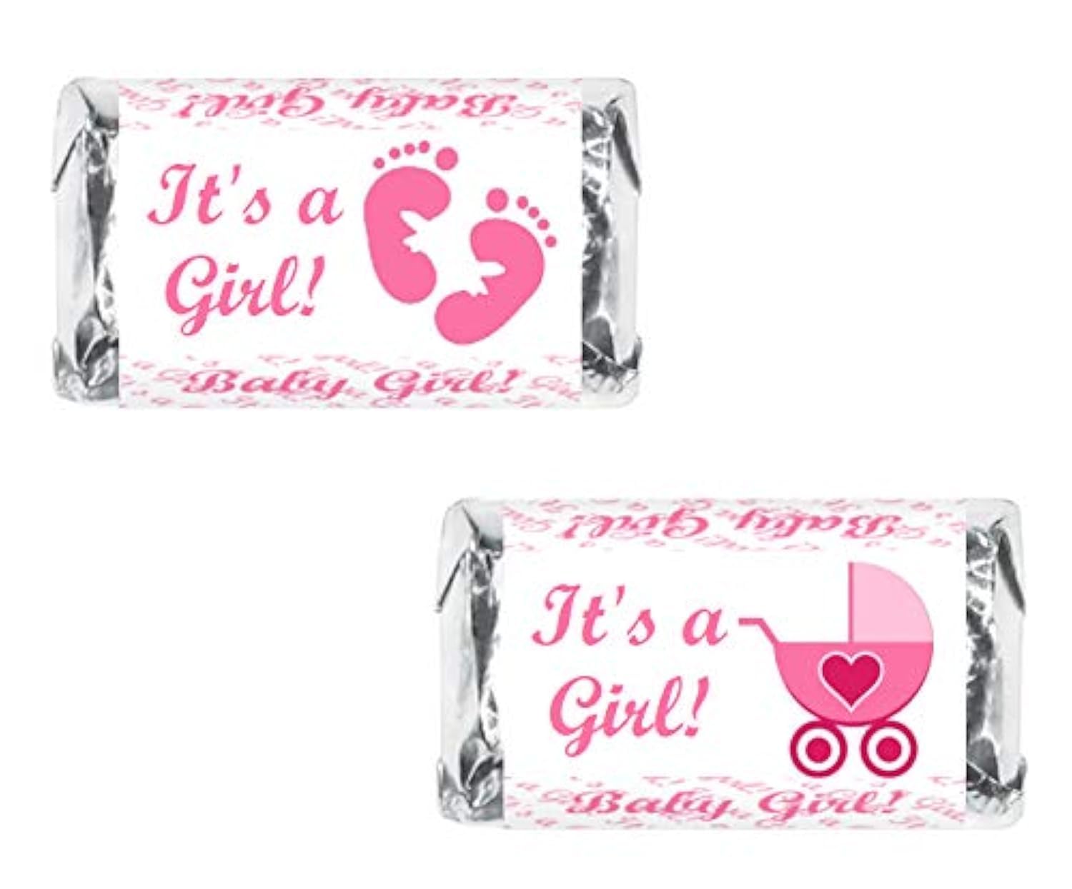 60 Pink Its A Girl Baby Shower Miniatures Candy Bar Wrapper, Baby Shower Miniatures Candy Bar Stickers