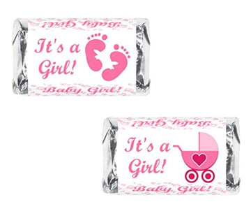 60 Pink Its A Girl Baby Shower Miniatures Candy Bar Wrapper, Baby Shower Miniatures Candy Bar Stickers