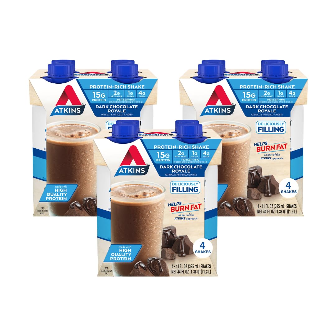 Atkins Dark Chocolate Royale Protein Shake, 15G Protein, Low Glycemic, 2G Net Carb, 1G Sugar, Keto Friendly, 12 Count