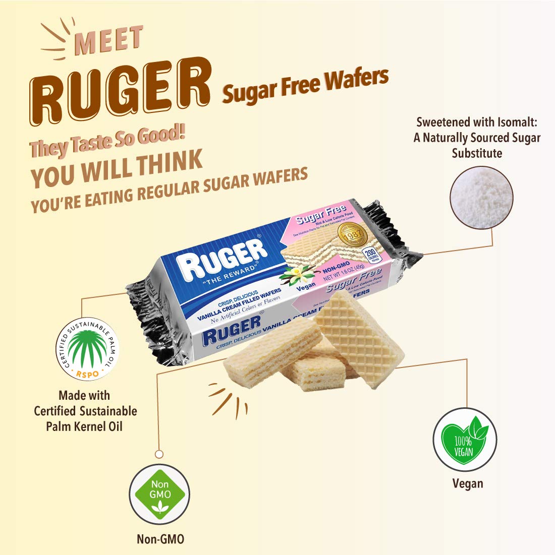 Ruger Sugar Free Vanilla Wafers, 1.6 Oz (Pack Of 12)