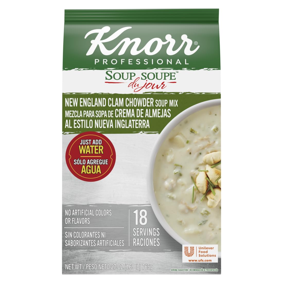 Knorr Professional Soup du Jour New England Clam Chowder Soup Mix No added MSG, 0g Trans Fat per Serving, Just Add Water, 27 oz,