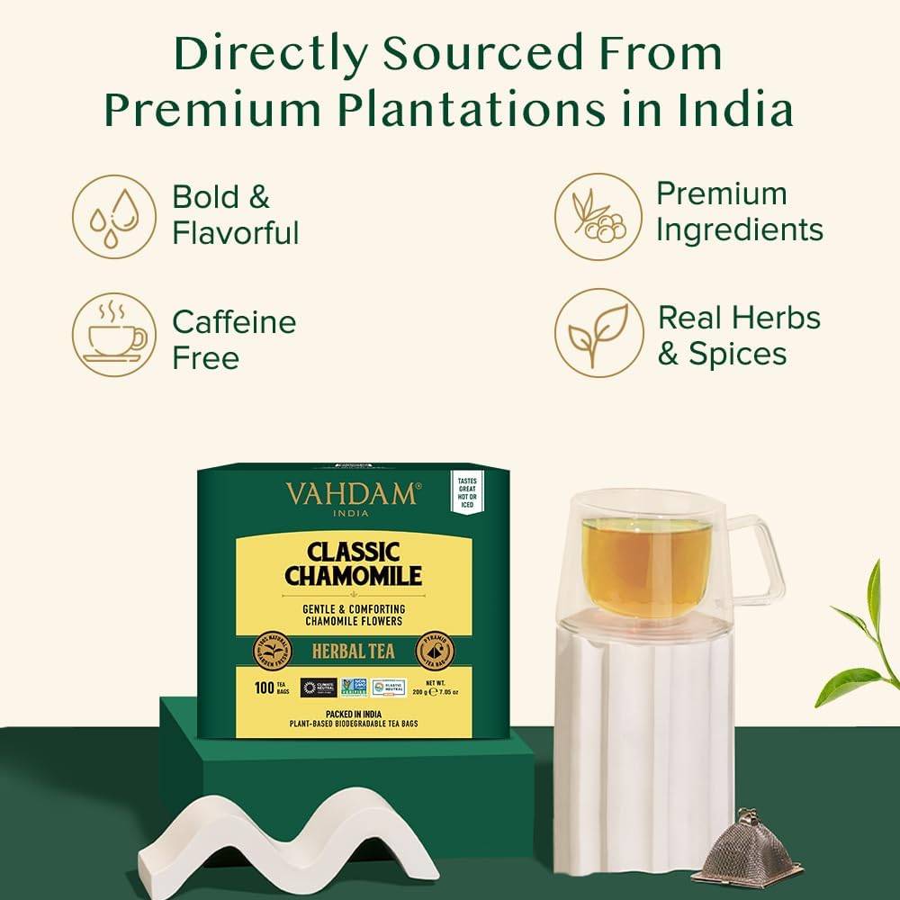 VAHDAM Chamomile Herbal Tea Bags - Caffeine Free, Non-GMO, Gluten Free, 100 Count, Resealable Ziplock Pouch