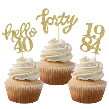 Gold Glitter 40Th Birthday Cupcake Toppers 40Th Birthday Celebrating Party Decorations - Set Of 24
