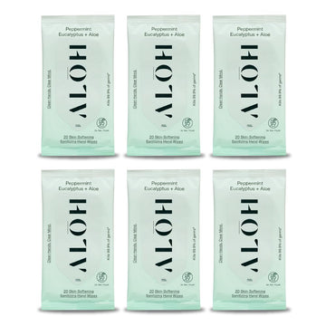 Alōh Peppermint Eucalyptus Sanitizing Hand Wipes - Clean Hands, Clear Mind On The Go Sanitizer For Kids And Adults - Travel Size 6 Packs Of 20Ct Wipes (120 Wipes)