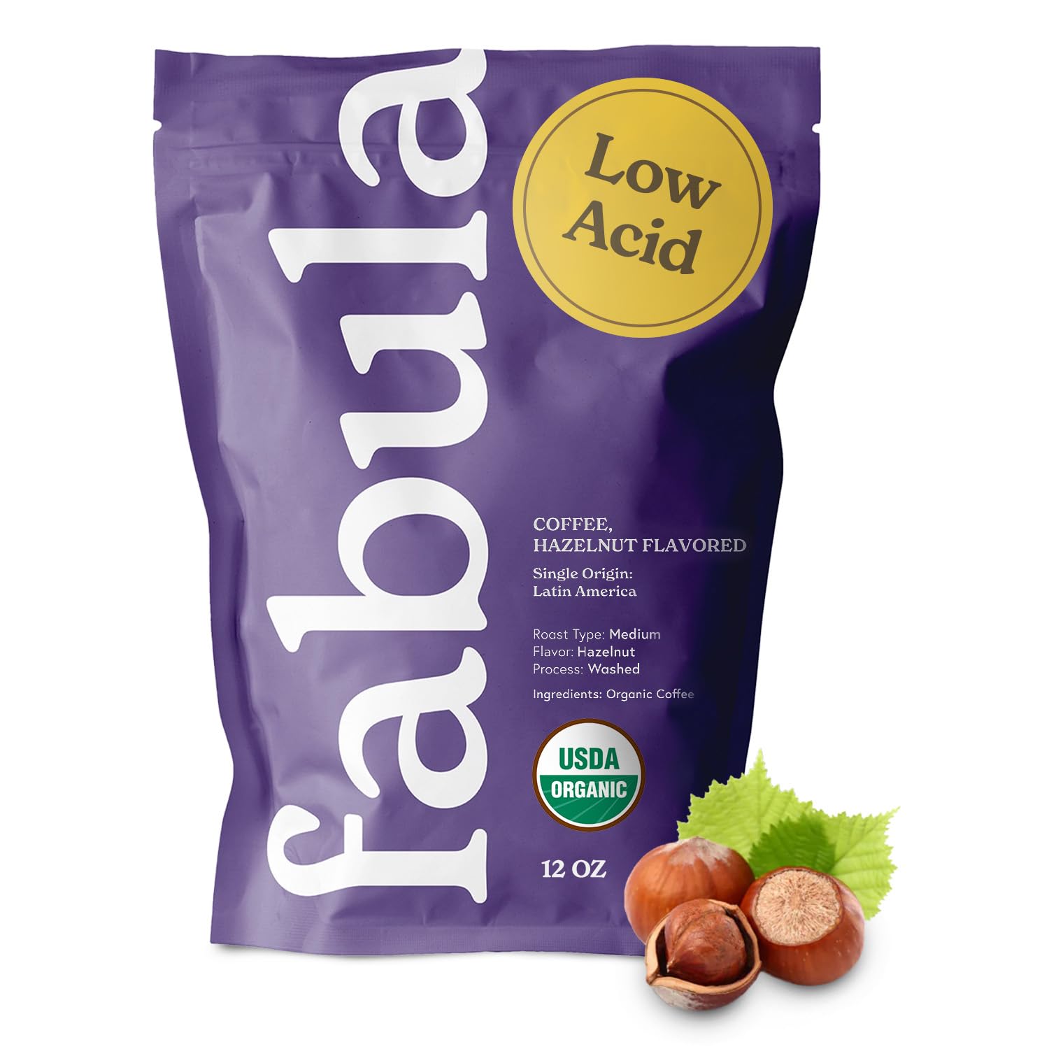 Fabula Hazelnut Flavored Organic Coffee Freshly Grounded - Low Acid - Single Origin - Non-Gmo - Mold Free - 12 Ounces