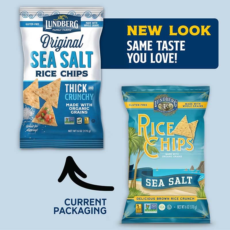 Lundberg Rice Chips, Sea Salt 12-Pack - Plant-Based Snacks Made With Organic California Brown Rice, Pea Protein & Chia Seeds, 5.