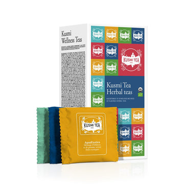 KUSMI TEA Organic Herbal Tea Gift Set - Caffeine-Free Sampler Assortment - 24 Tea Bags - Hibiscus, Chamomile, Rooibos - Model INFU24EBIO