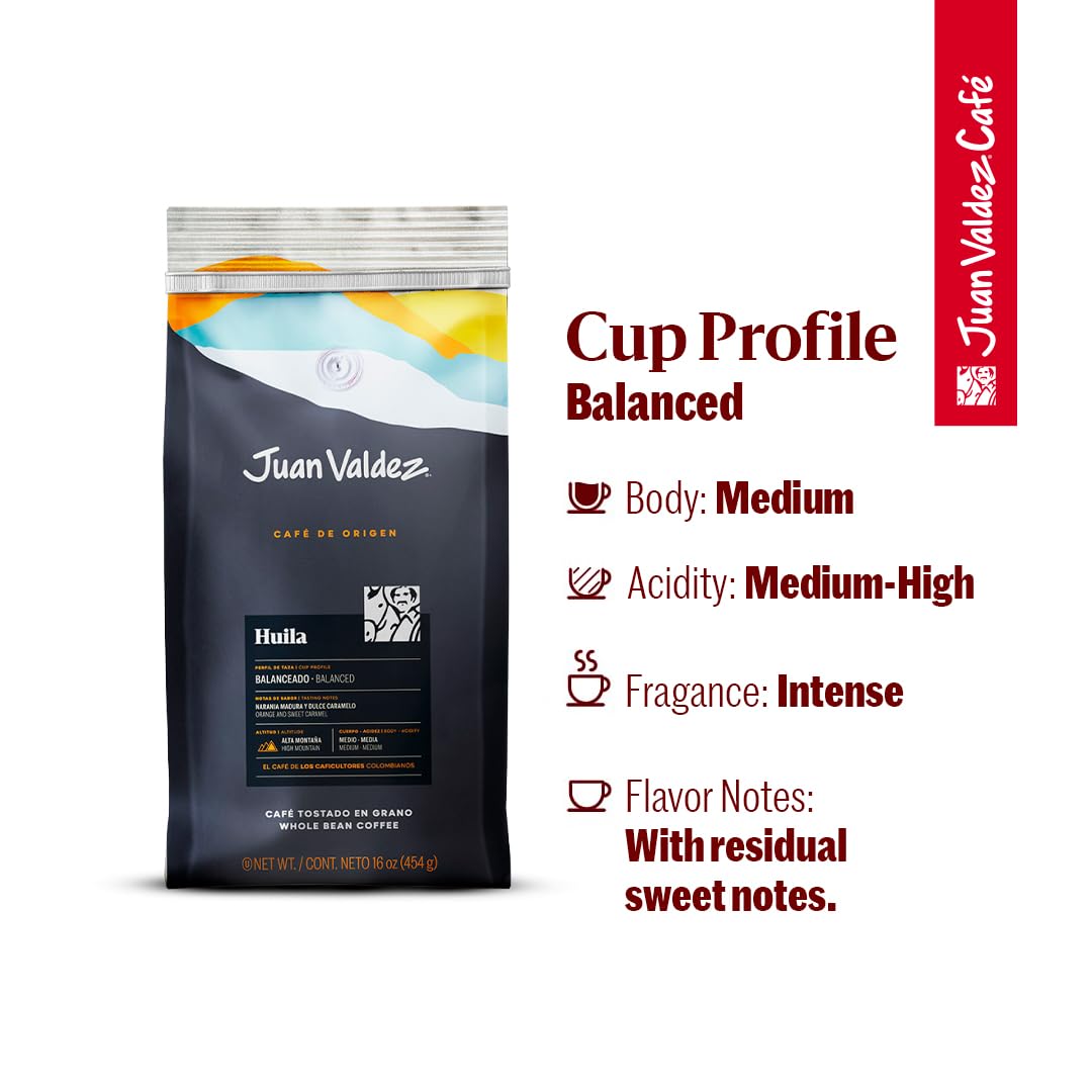 Juan Valdez Huila Single Origin Whole Bean, Balanced Roast 16 Oz - Premium Colombian Coffee
