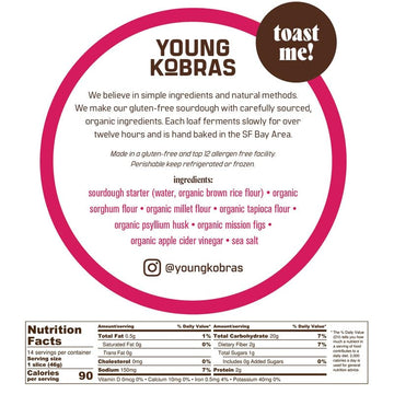 Young Kobras Organic, Gluten-Free Fig Sourdough Bread 22Oz (4-Pack) - Allergen Friendly, Vegan, Gum-Free, Simple Ingredients & M