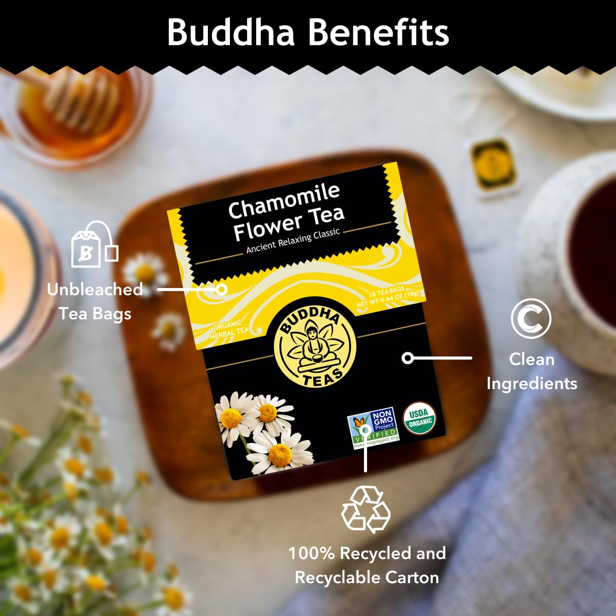Buddha Teas Organic Chamomile Flower Tea - Caffeine Free - 18 Tea Bags - OU Kosher & Non-GMO - Herbal Tea for Health & Wellbeing