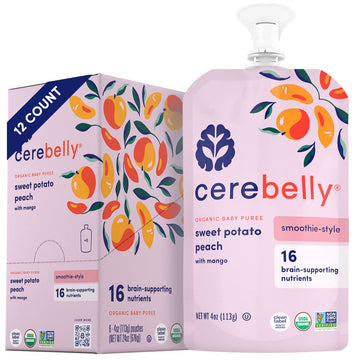 Cerebelly Baby Food Pouches Stage 1 - Sweet Potato Peach Smoothie (4 oz, Pack of 12) - Healthy Kids Snacks - Organic Fruit & Veg