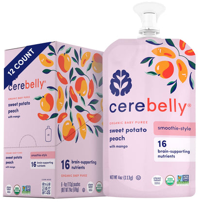 Cerebelly Baby Food Pouches Stage 1 - Sweet Potato Peach Smoothie (4 oz, Pack of 12) - Healthy Kids Snacks - Organic Fruit & Veg