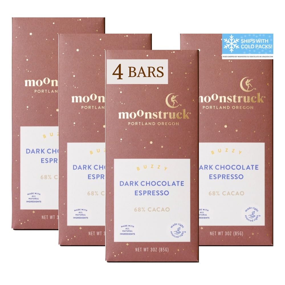 Moonstruck Chocolate Dark Chocolate Espresso Bean Bar, 68% Cacao, 3.0oz (Pack of 4)
