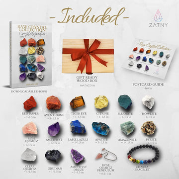 Zatny Raw Crystal Chakra Starter Collection 17Pcs Healing Crystal Kit, Flourite, Howlite, Obsidian, Amazonite, Apatite, Amethyts