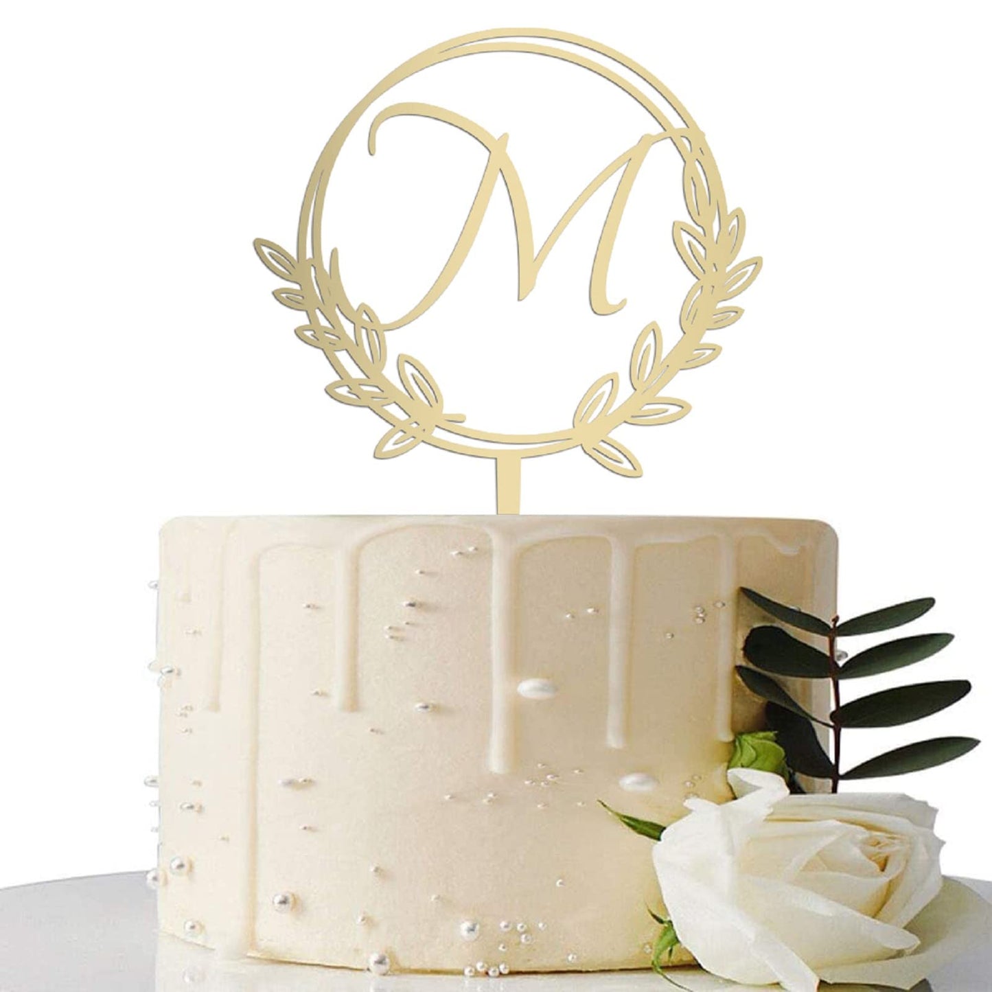 Vinisong Wooden Cake Topper, Personalized Initial Letter M, Golden Wreath Decoration for Birthdays and Weddings, Model JHN20092901