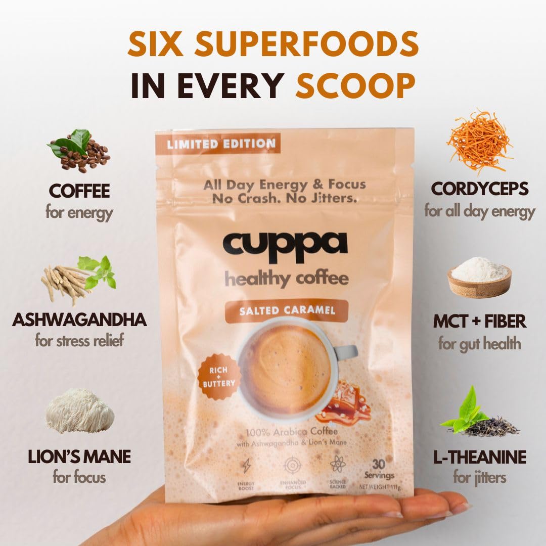 Cuppa Healthy Coffee Instant Mushroom Coffee - Salted Caramel, 3.92 oz - Energy & Focus Boost with Lion's Mane & Ashwagandha