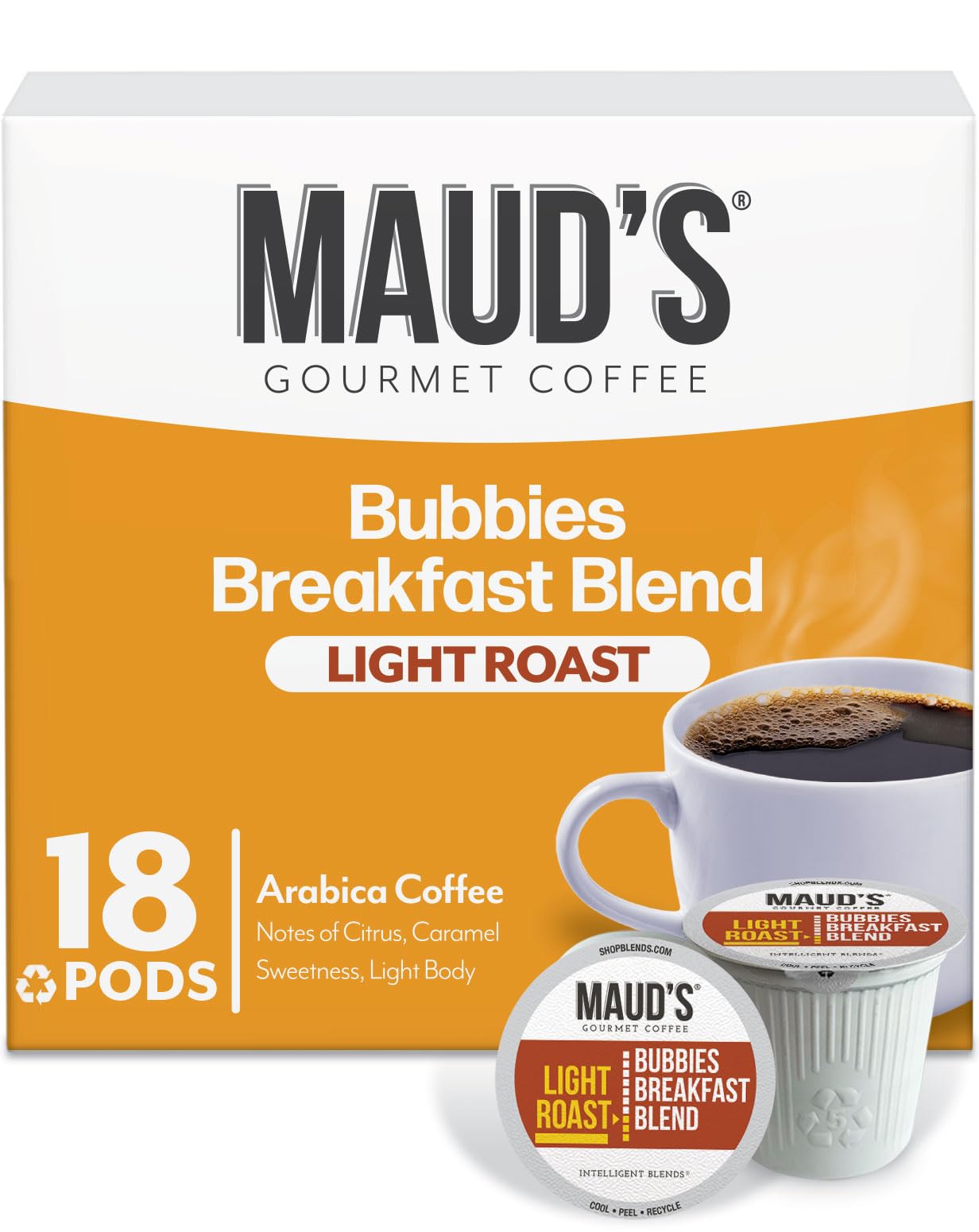 MAUDS Breakfast Blend Coffee Pods, Light Roast, 100% Arabica, 18 Count, Compatible with Keurig K Cups