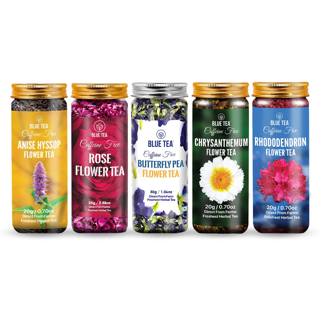 Blue Tea - Flower Tea Combo - 4.05 Oz (Pack Of 5) | Variety Pack | Combo Pack - Caffeine Free - Flower Based - Caffeine Free - Vegan - Non-Bitter - Non-Gmo | Pet Jar Packs - Gift Box