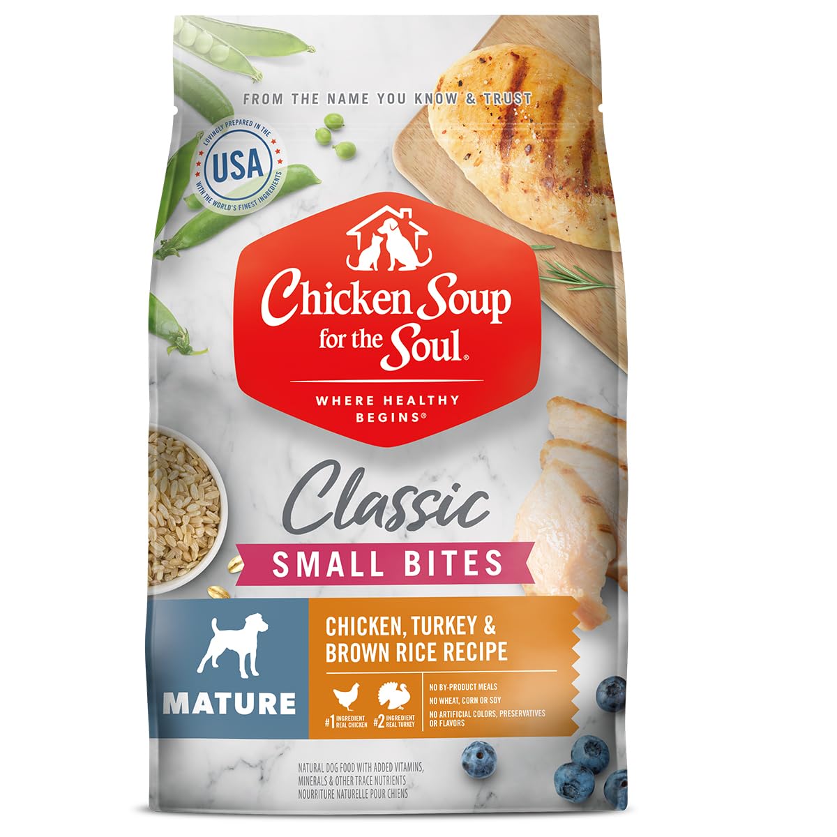 Chicken Soup For The Soul All Natural Enhanced Small Bites Senior/Mature Dry Dog Food, Real Meat First Ingredient, No By-Products, Supports Joint Health & Mobility, Chicken, Turkey & Brown Rice, 4.5Lb