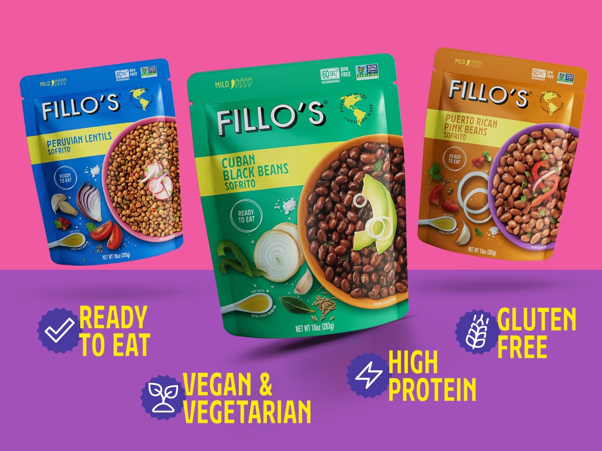 Fillo s Ready to Eat Beans Variety Pack | Black Beans, Lentils, & Pink Beans | Gluten-Free, Preservative-Free, Microwavable Mea