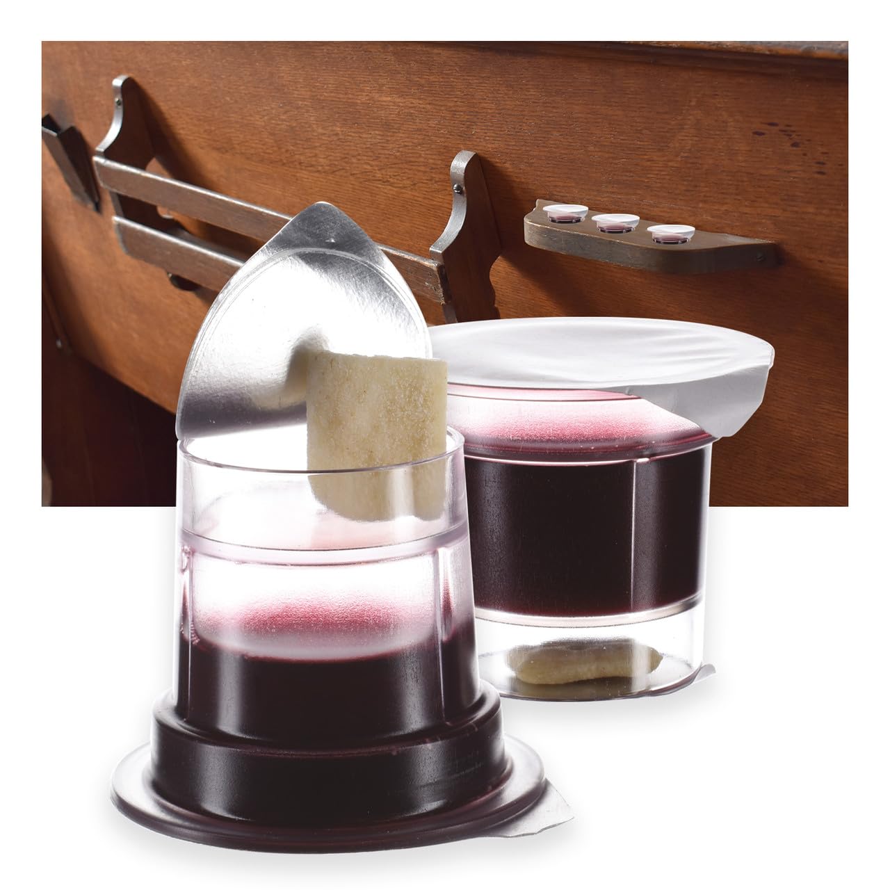 Simply Prefilled Communion Cups and wafer set - Tray & Seatback Pew Compatible - Concord Juice & Bread - Box of 600 - Easy Open 2-part system - Made in the USA - comuni?n cups and bread