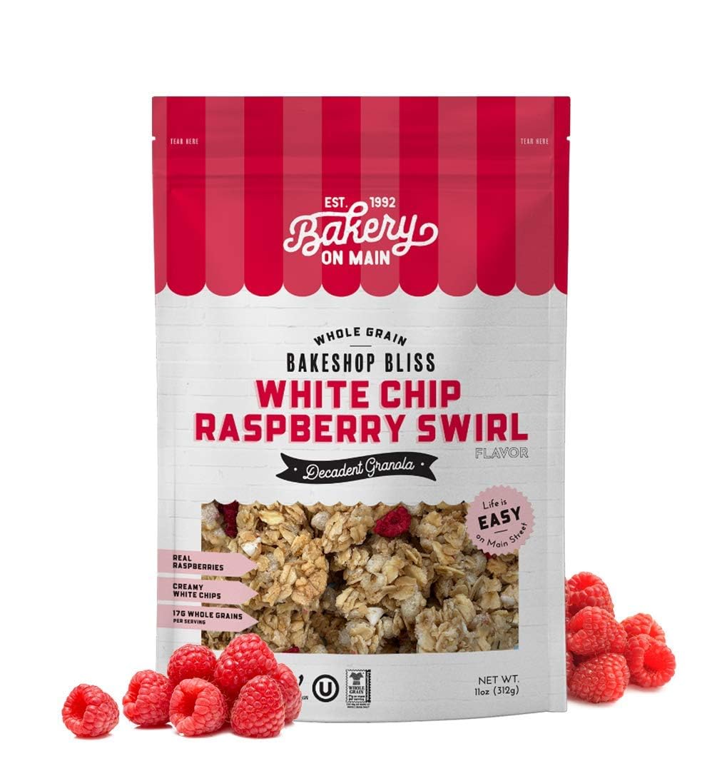 Bakery On Main Decadent Granola, White Chip Raspberry Swirl - Whole Grain Bakeshop Bliss, Gluten-Free, Vegan, Non-Gmo, 11Oz (Pac
