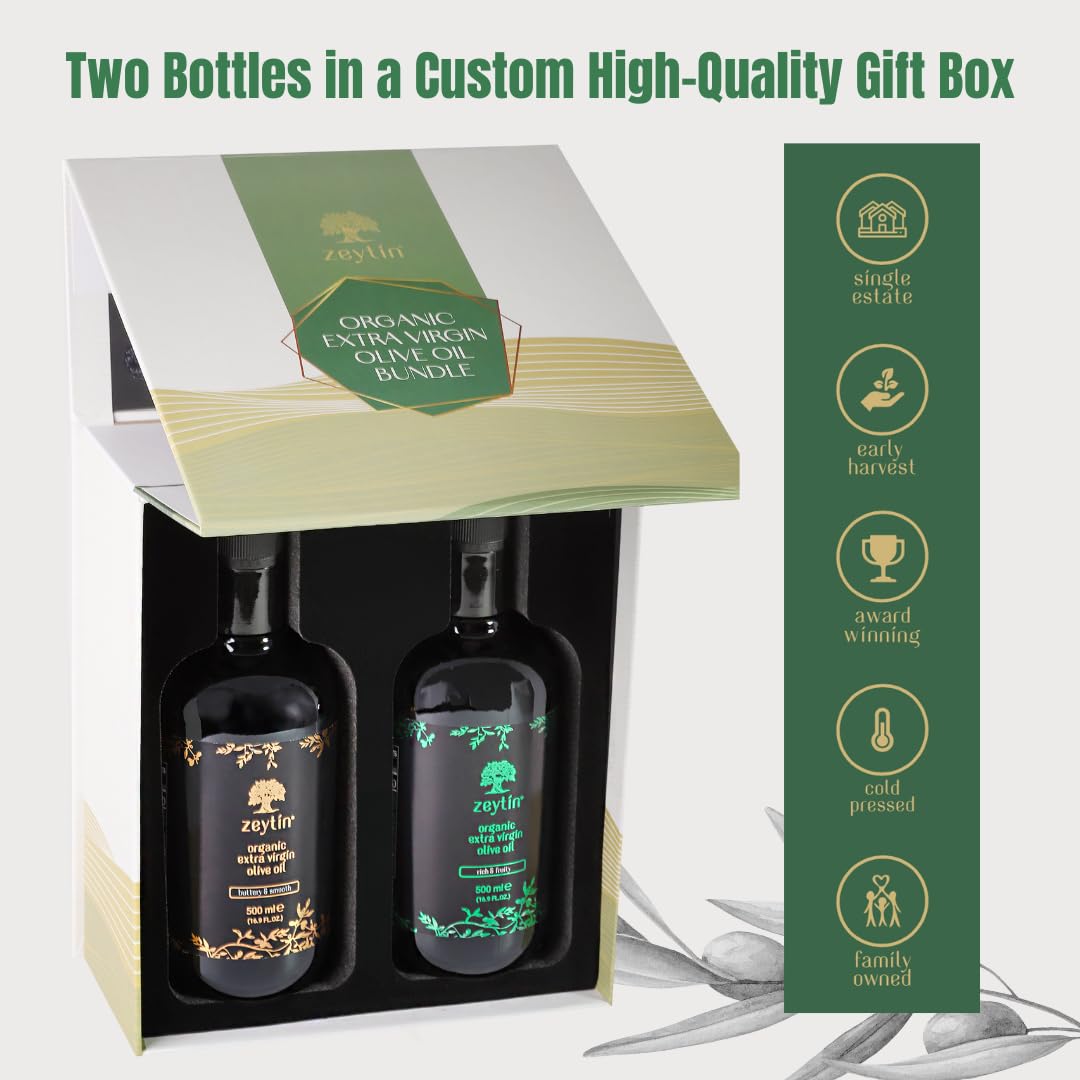 Zeytin Olive Oils Extra Virgin - Early Harvest, Bottled In May 2024 - Awarded Brand - Custom Premium Gift Box - Cold Pressed Oli