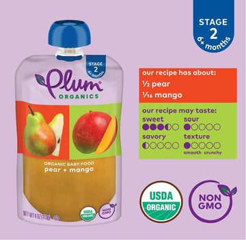 Plum Organics Stage 2 Organic Baby Food - Pear And Mango - 4 Oz Pouch (Pack Of 6) - Organic Fruit And Vegetable Baby Food Pouch