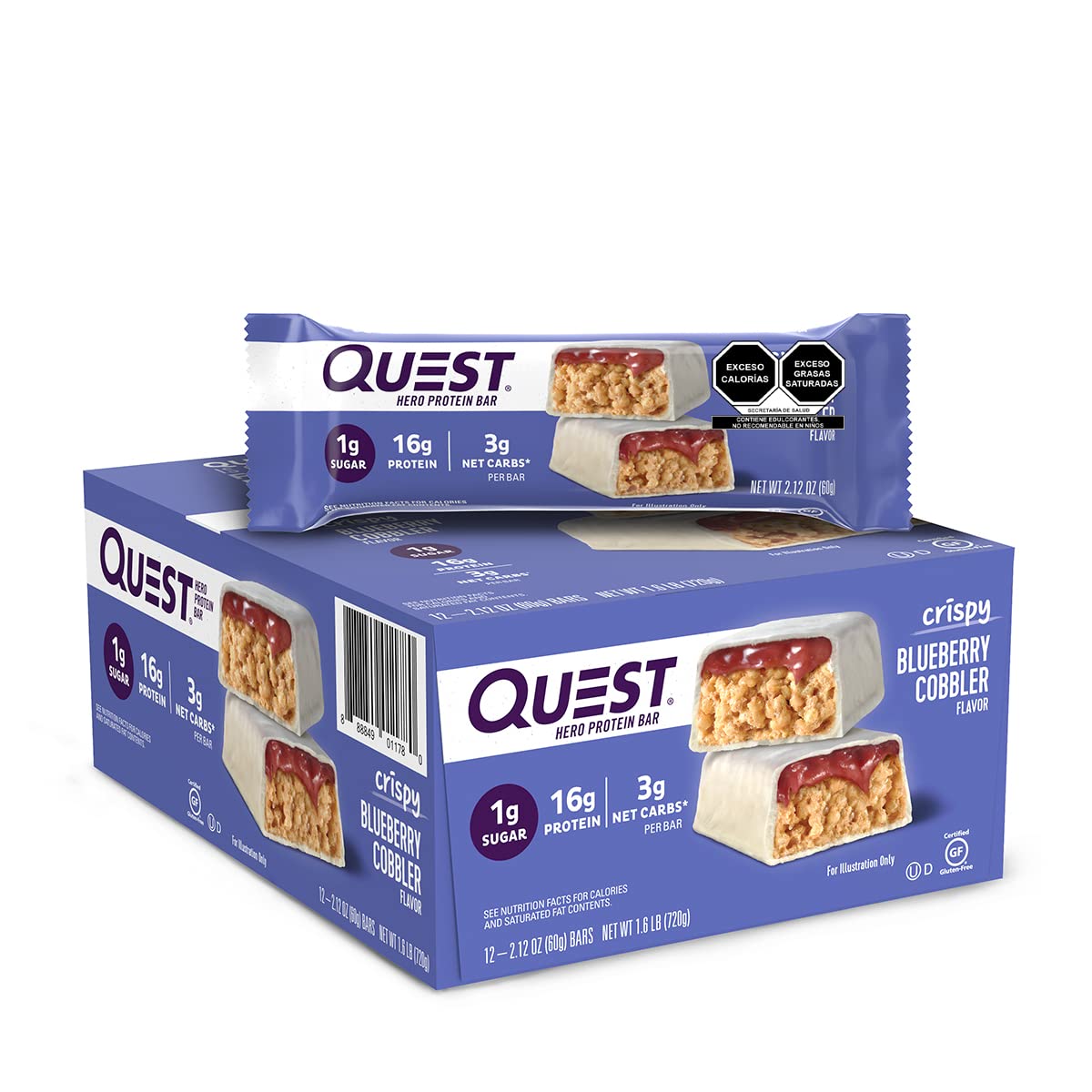 Quest Nutrition Crispy Blueberry Cobbler Hero Protein Bar, 16G Protein, 1G Sugar, 3G Net Carb, Gluten Free Protein Snack, Keto Friendly, 12 Count