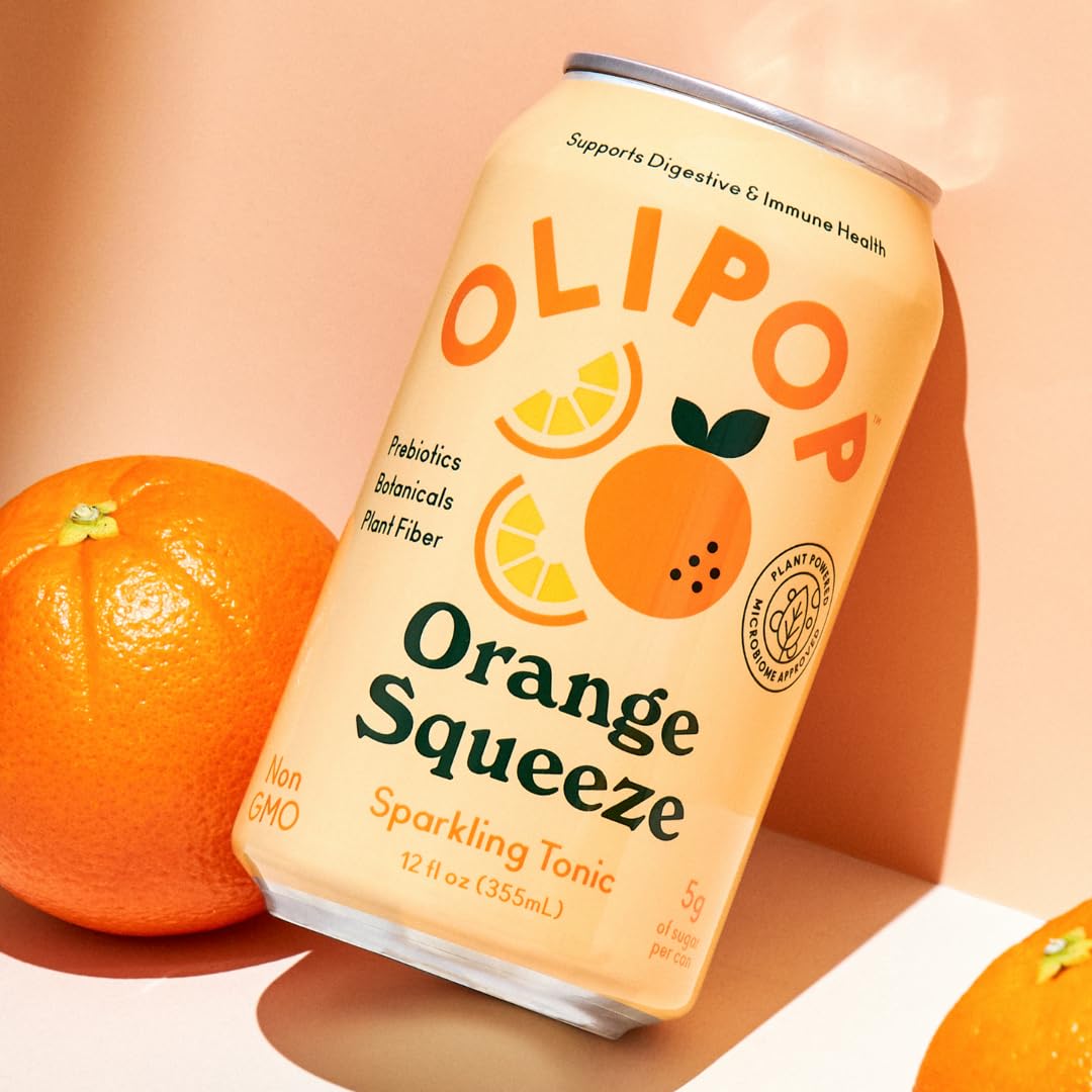 OLIPOP Prebiotic Soda Pop, Orange Squeeze, A New Kind of Soda Packed with Prebiotics, Fiber, and Botanicals, Gluten Free, Vegan,