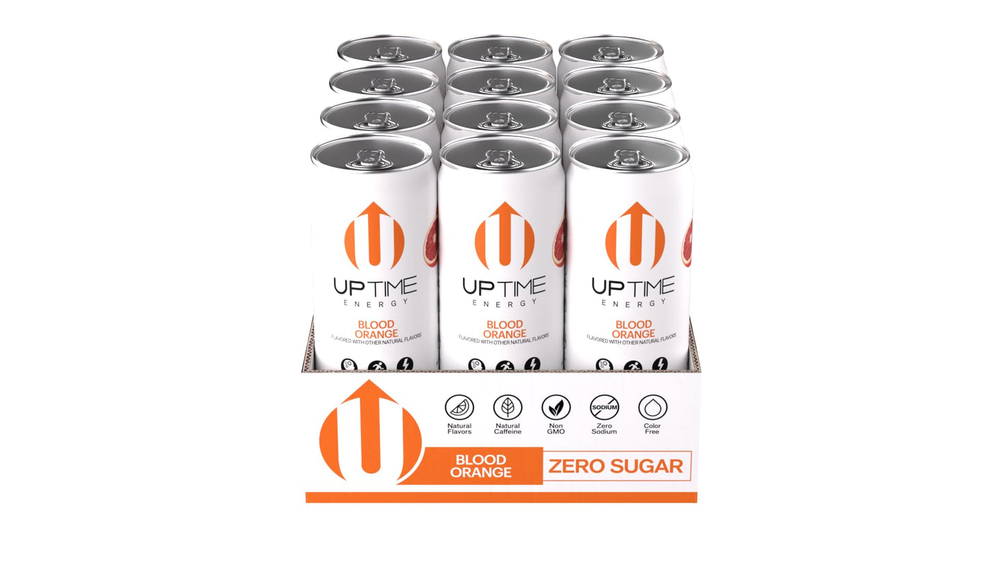 UPTIME Premium Energy Drink, Blood Orange, Zero Sugar, 12oz Bottles, 12 Pack, Natural Caffeine, Sparkling