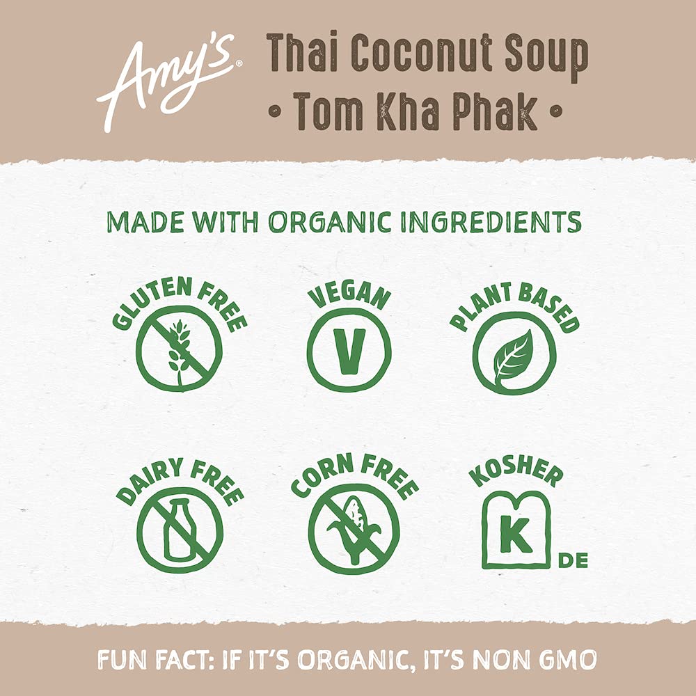 Amy'S Soup, Vegan Thai Coconut Soup, Tom Kha Phak, Gluten Free, Made With Organic Coconut Milk & Sweet Potatoes, Canned Soup, 14.1 Oz (12 Pack)