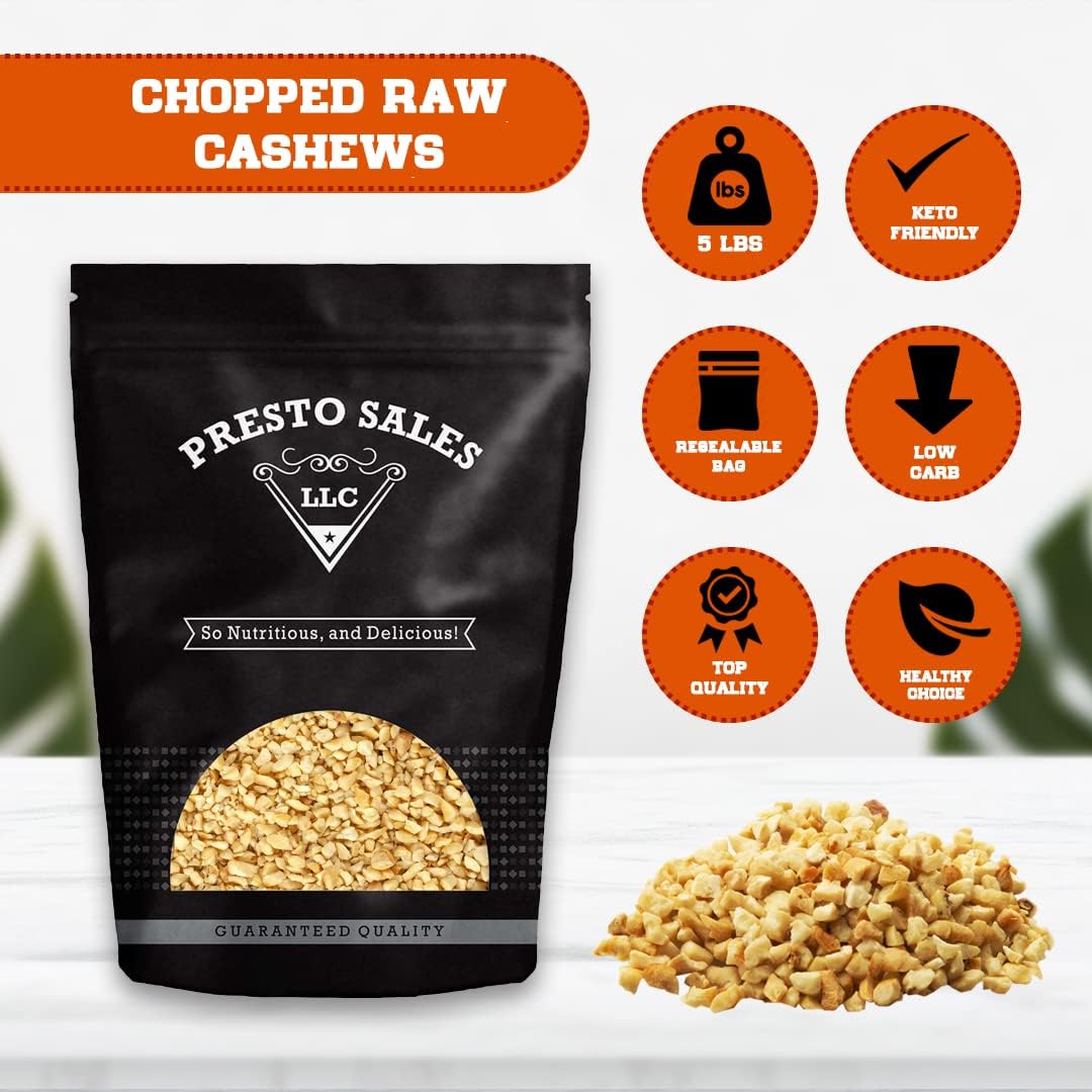 Cashews Fresh Quality Brazilian, Chopped raw nuts, Packed in 5 lbs. (80 oz.) Resealable Bag, Kind to your Body, Healthy Protein,