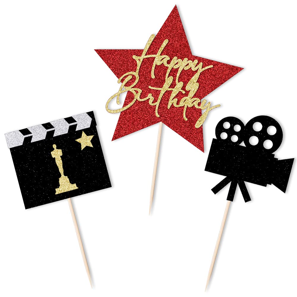 Qertesl Happy Birthday Movie Cake Topper,Movie Night Cupcake Toppers Decoration,Hollywood Theme Cake Party Decoration.
