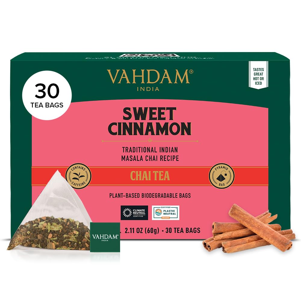 VAHDAM Sweet Cinnamon Masala Chai Tea Bags, 30 Count, Non-GMO, Gluten-Free, Individually Wrapped Pyramid Bags