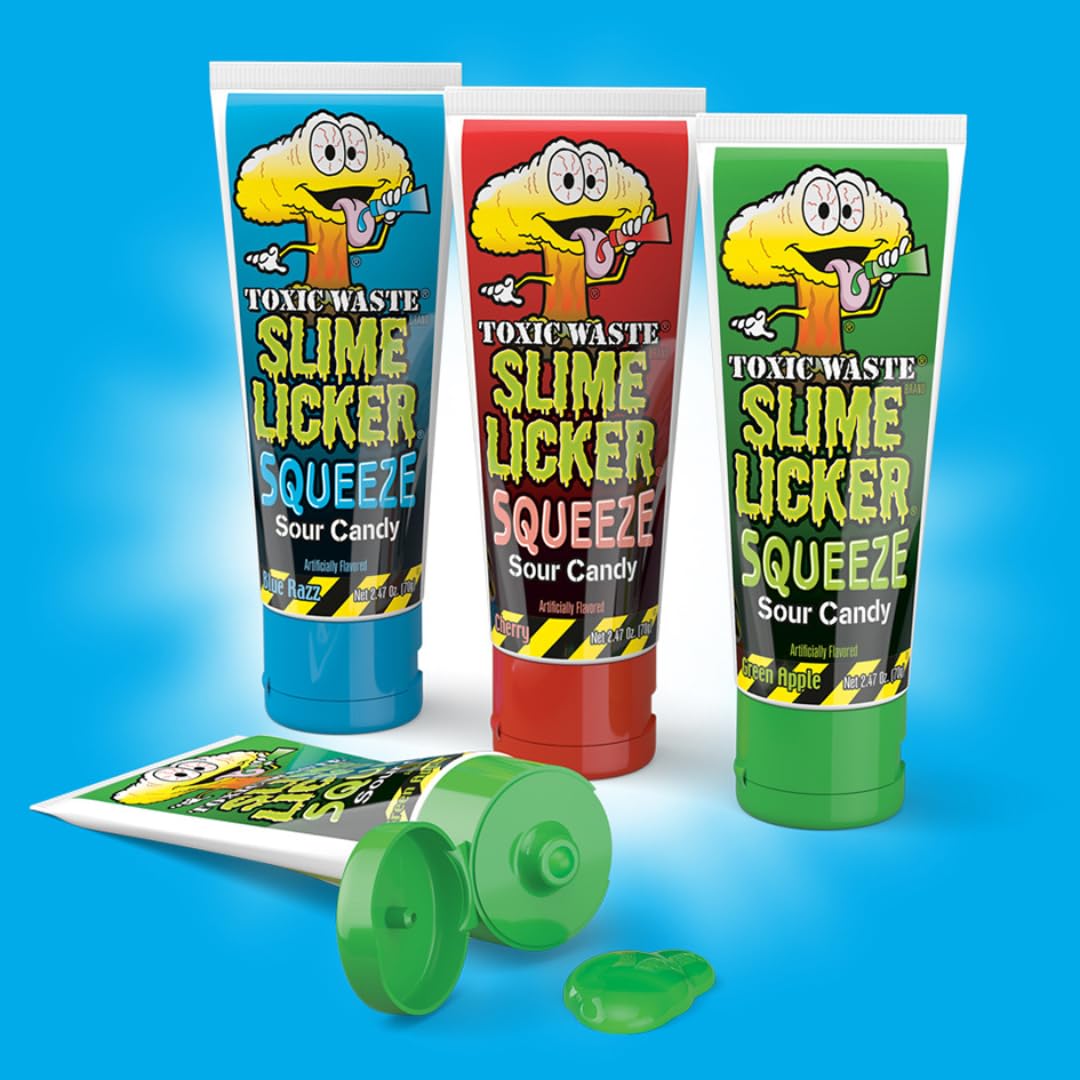 Toxic Waste - Slime Licker Squeeze - Sour Squeeze Slime Candy - Green Apple, Blue Razz, & Cherry Flavors - 2.47 Oz. Tubes - 12 P
