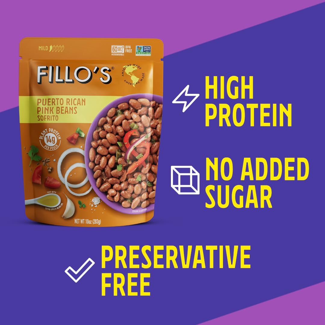 Fillo'S Puerto Rican Pink Beans, Ready To Eat Sofrito Beans, 10 Oz Pk Of 6, Gluten-Free, Preservative-Free, Microwavable Meals,